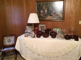 Vintage Mar-Crest Brownware, Signed Framed Prints, Vintage Milk Bottles, Antique Rosewood Ladies Rocker, Advertising Jars