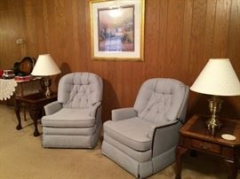 Pair of Upholstered Recliner Chairs, End Tables, Brass Lamps, Framed Art