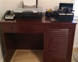 Desk with Lexmark Printer X3350, AT&T Phone, Vintage Bell & Howell Slide Cube Projector Model 977Q, Vintage Camera