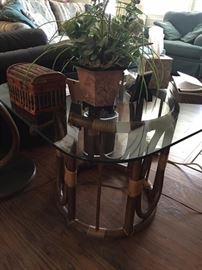 Rattan End Table with Glass Top