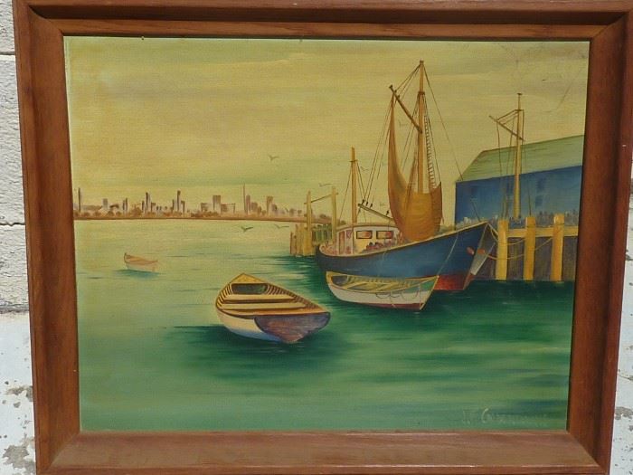 Signed Oil- Fishing Wharf with City Skyline Backdrop