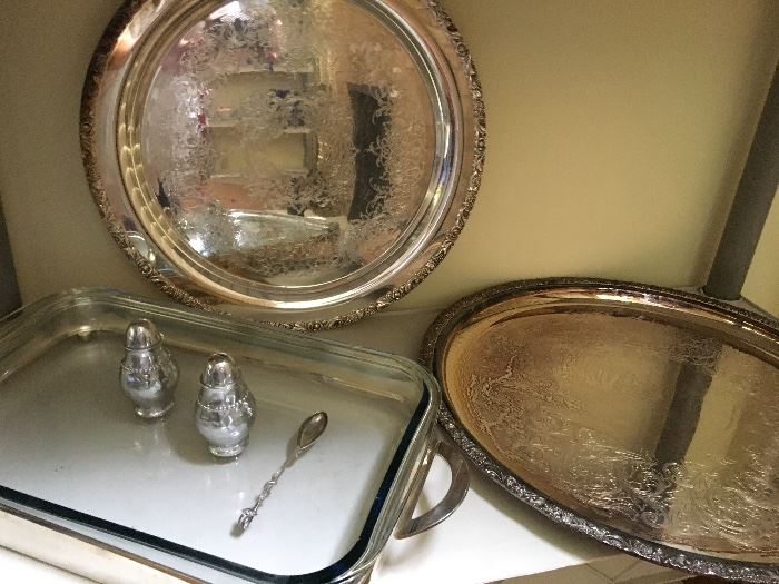 more silver trays and platters