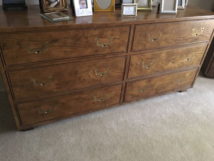 solid wood beautiful dresser with unusual drawer pulls, matching end tables