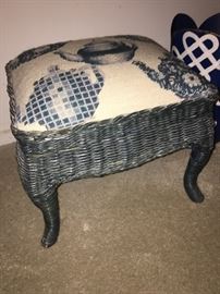 beautiful hand-embroidered footstool with blue and white colorways