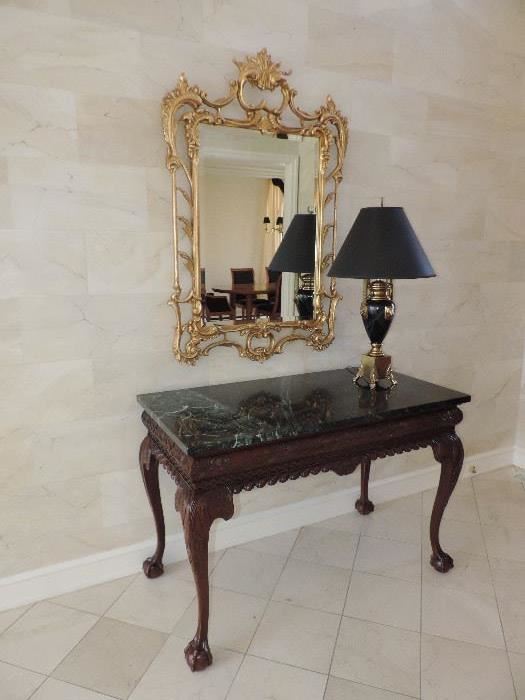 Carved Wood and Marble Entry Table / Mirror / Lamp