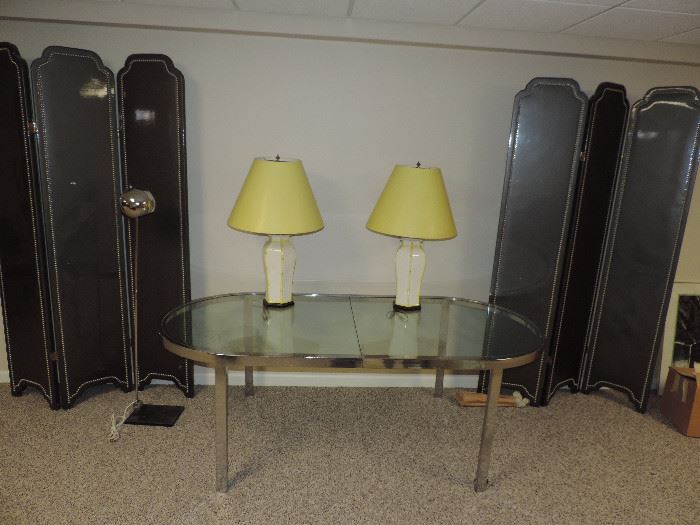 Milo Baughman Table  - shown with upholstered room dividers and mid-century lamps