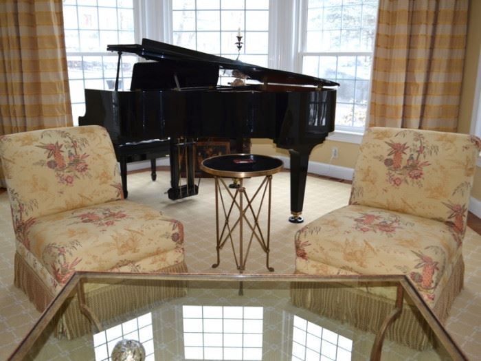 Pair of slipper chairs and occasional table (Sorry, piano not for sale)