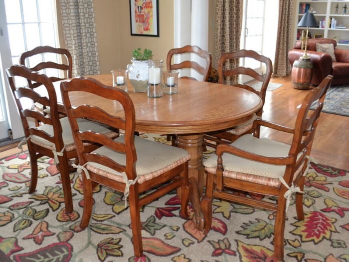 Oak kitchen table (has 8 matching oak chairs) and 6 of 8 French Provincial dining chairs