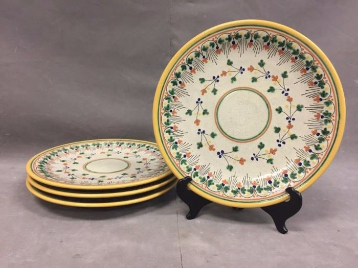 (4) Talavera Mexican dinner plates w/ hand-painted designs, marked "T. Dela Reijna, Pue. Mexico", 10" diameter

