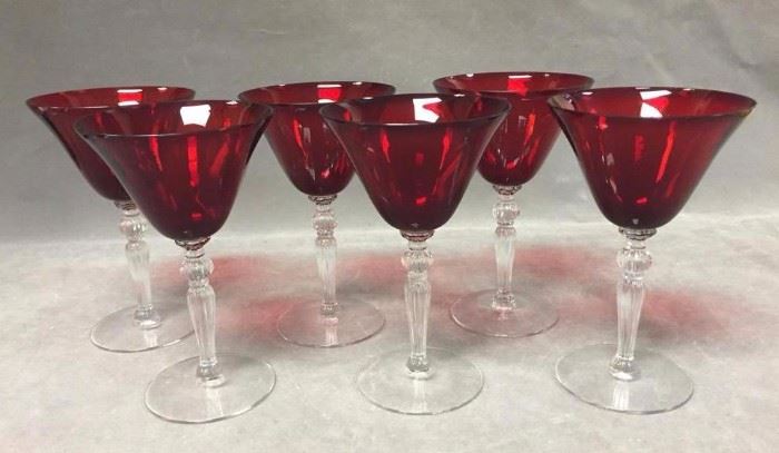 (6) Ruby Red Fostoria Glasses w/ etched stems, 6.5 " in height
