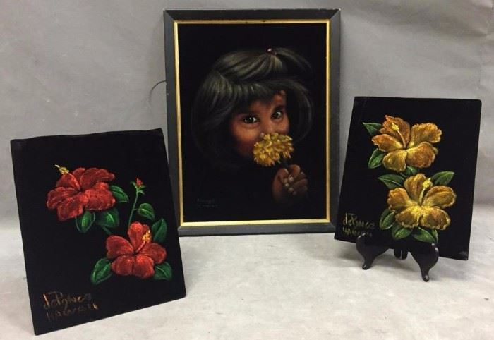 (3) Vintage 1960s Hawaiian Velvet art: (1) portrait of young girl, signed "Rodeiquez, Hawaii", 17.5" x 13.5" (with frame); & (2) hibiscus signed "DePonce, Hawaii", 8" x 10"
