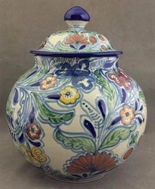 Hand-painted Mexican Talavera Pot w/ lid, floral & vine motif, marked "T. Dela Reijna, Pue. Mexico", 12.5" tall
