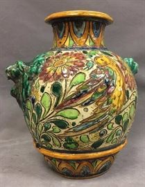 Older Italian Vase w/ imagery of birds, flora, & lion head handles, marked on bottom, 12.25" tall
