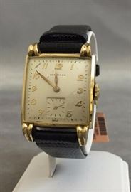 14K Gold Vintage Longlines Wristwatch w/ adjustable leather strap, 28.90g, strap length 8", AIG appraisal of $1,550.00 available upon purchase. All credit card purchases will be manually verified prior to shipment.
