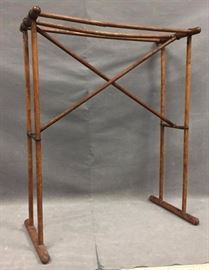 1890s Collapsable Wood Linen rack, w/ iron hardware & cross-brace design, 30.5" tall x 25" long x 11.5" wide
