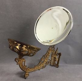 Antique Cast-Iron sconce fixture w/ original hand-blown silvered glass reflector, marked "Stover Mfg Co, Freeport, MI", 14.75" tall (with reflector), 12" long, reflector 8" diameter

