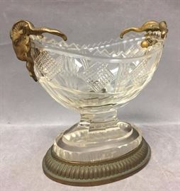 Antique Neo Classic Cut glass dish w/etched designs & brass rams head finals, 6.5"wide by 5.5" tall
