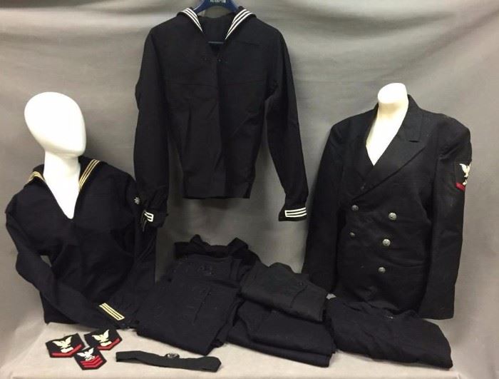 Collection of Vintage 1940s-60s Navy uniforms: (1) double-breasted dress jacket w/ silver eagle & anchor buttons; (2) embroidered dress shirts; (2) plain shirts; (5) slacks & bellbottoms; & (3) patches & (1) "USN" armband
