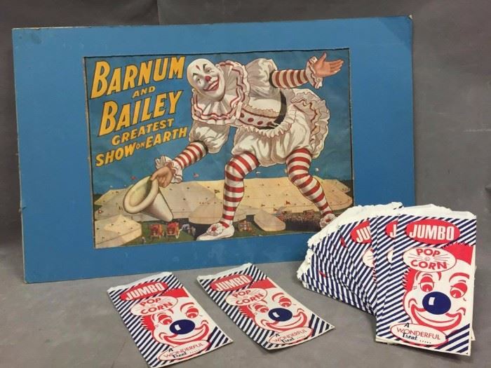 Vintage Circus Ephemera: to include a Barum & Bailey Lithograph advertisement poster, marked "Copyright 1917, the Syrouridge", 20" x 32"; & (54) Never-used "Jumbo" popcorn bags, 10.25" x 5"
