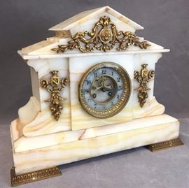 Antique French Empire mantle clock, hand-cut marble case w/ gilt bronze fixtures, marked "L. Marte, medaile de bronze" & includes winding key, not working, 12.75" tall x 15.5" wide x 6.5" deep
