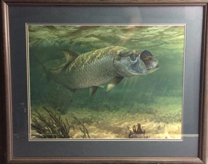 Large Color Lithograph of "The Strike - Tarpon" by Mark Susinno, signed & numbered w/ certificate of authenticity, 26" x 32" (with frame)

