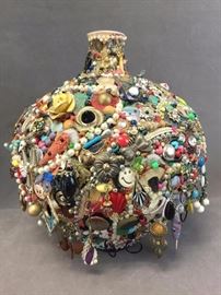 Contemporary Folk Art "Memory/Spirit Jar", details include beads & charms, height 16", width 14"
