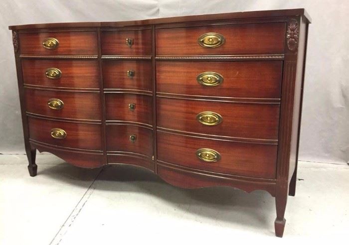 Vintage "Dixie" Mahogany Colonial style triple chest of drawers, w/ brass drawer pulls, hand-carved details & dovetail construction, marked "Dixie, 122 tpl dr", 34.5" tall x 58" wide x 20" deep
