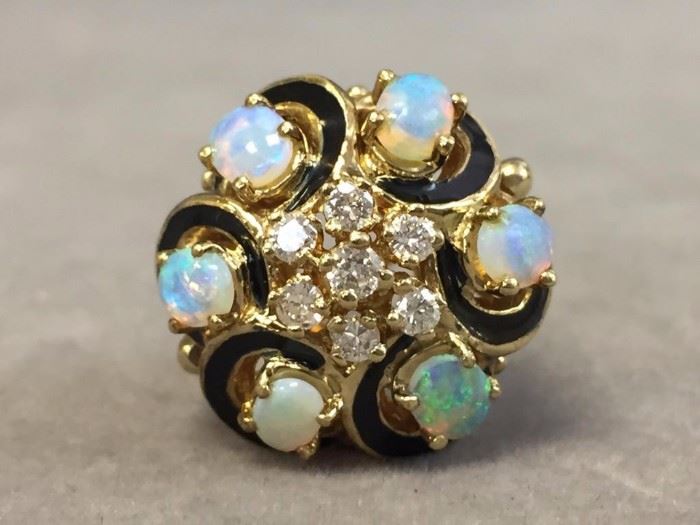 14kt Gold Opal & Diamond Cluster Ring, 8.9g, (Opal 0.96ct, diamonds 0.36ct), AIG appraisal of $3,500.00 available upon purchase. All credit card purchases will be manually verified prior to shipment.
