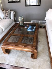 BEAUTIFUL WOOD BURL AND GLASS COFFEE TABLE- 48"LONG X 30"WIDE X 15"TALL