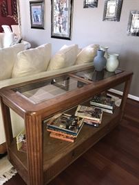 WOOD AND GLASS LONG SOFA TABLE WITH BOTTOM DRAWERS - 52"LONG X 18"WIDE X 28.5" TALL