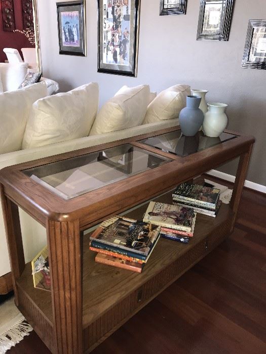 WOOD AND GLASS LONG SOFA TABLE WITH BOTTOM DRAWERS - 52"LONG X 18"WIDE X 28.5" TALL 