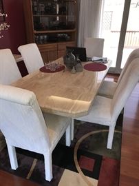 GORGEOUS STONE AND MARBLE VENEER LONG DINING TABLE WITH CHAIRS - 78"LONG X 39"WIDE X 29.5"TALL