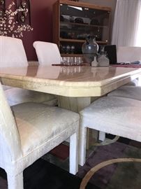 GORGEOUS STONE AND MARBLE VENEER LONG DINING TABLE WITH CHAIRS - 78"LONG X 39"WIDE X 29.5”TALL