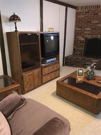 WOOD AND GLASS COFFEE TABLE AND SIDE TABLES