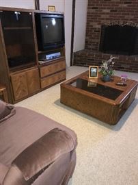 WOOD AND GLASS COFFEE TABLE AND SIDE TABLES
