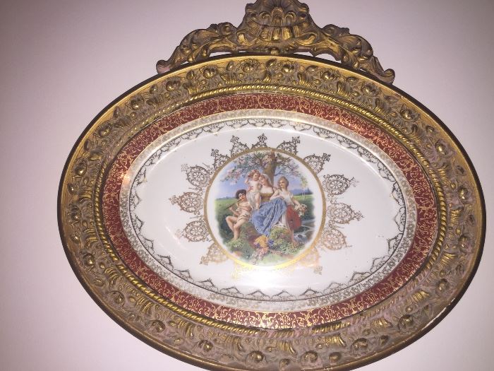 Antique Signed Oval Porcelain Signed Mounted Plate
