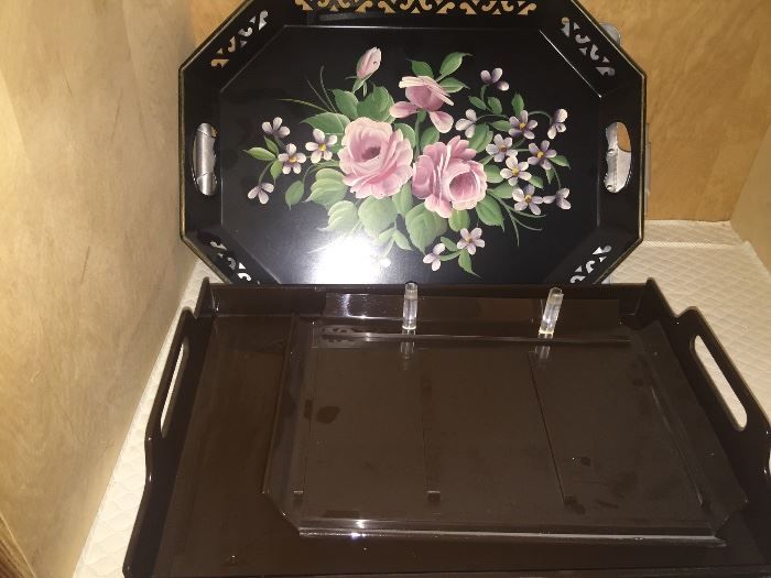 2 Lucite Trays & Tole Handpainted Vintage Tray