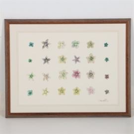 Nora Corbett Limited Edition Offset Lithograph of Flowers: An offset lithograph on paper after an original of flowers by Nora Corbett. This print depicts several watercolor style flower images in a palette of green, pink, purple, and yellow. This piece is signed by the artist to the lower right corner, numbered “13/250,” and dated “1/00.” It is presented behind a white mat behind acrylic glass in a wood frame.