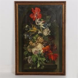 Floral Still Life Oil Painting on Canvas: An original still life oil painting on canvas. The untitled piece depicts a vase overflowing with a variety of lush, colorful flowers, presented against a field of dark green, seemingly illuminated from the lower right corner. The painting utilizes hues of red, green, white, pink, yellow and blue. It is signed to the lower right in yellow paint with a signature appearing to read “Yarossa”. The piece is presented without glass in a beveled wooden frame with wire to the back for hanging.