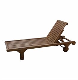 Kingsley-Bate Wooden Pool Lounge Chair: A Kingsley-Bate wooden pool lounge chair. This lounge is made of light-toned wood. It is wheeled at one end and lifts up to a reclining position. It is marked to the reverse.