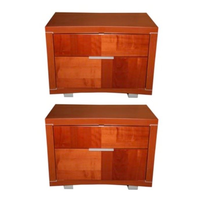 ALF Italia Nightstands: A pair of ALF Italia contemporary style nightstands. The curved pieces feature two drawers to the front. The piece has a high gloss finish to the wood veneer and is accented with chrome hardware. The pieces are marked “ALF Group Design Made in Italy”.
