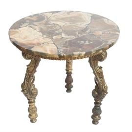 Agate Side Table: A circular side table with an agate slice top. The piece rests on three acanthus leaf scrolled legs with a gold tone finish.