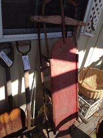 #68 antique shovel and pitchfork $20 each 
#67 old sled $10