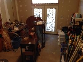 #25 old sewing machine cabinet 22x18x31 $25
#23 as is round front display cabinet wo glass and legs 34x12x48 $60 