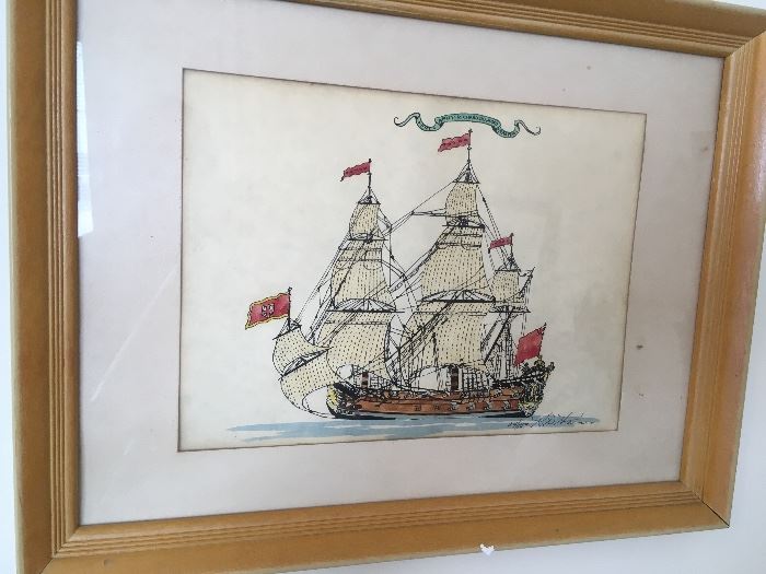Signed ship framed  artwork