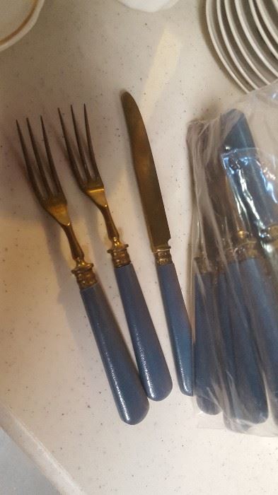 Vintage cocktail forks and knives, plastic handles - $15