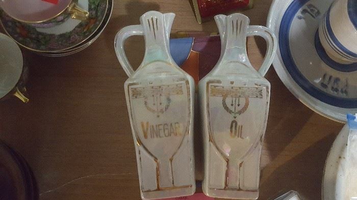 Oil and Vinegar Cruets, white block lusterware, made in Germany. early 1900s - $20