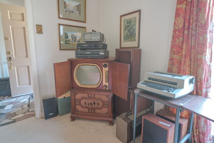 circa 1950s TV cabinet, electric typewriter and electronics