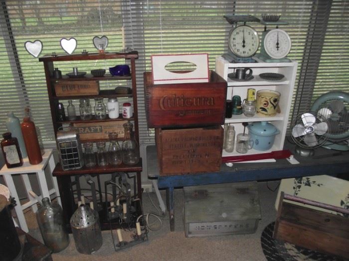 Vintage wood advertising crates, kitchenscales, Tripl-acre & Rex Ray electric fans