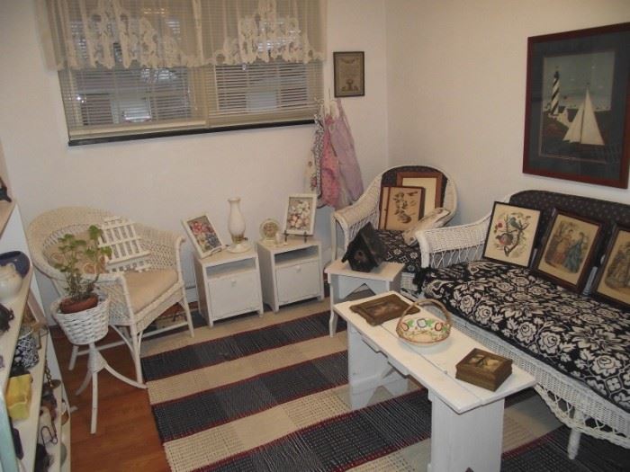 Vintage white wicker sofa, two chairs & plant stand plus white painted end tables with drop down doors